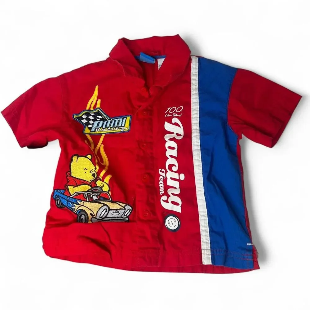Vintage Disney Winnie the Pooh Racing red button up shirt denim shorts set 2T